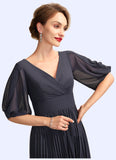 Paisley A-Line V-neck Tea-Length Chiffon Mother of the Bride Dress With Pleated STI126P0015012