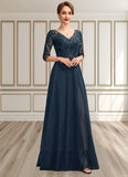 Ava A-Line V-neck Floor-Length Chiffon Lace Mother of the Bride Dress With Sequins Split Front STI126P0015014