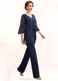 Joselyn Jumpsuit/Pantsuit V-neck Floor-Length Chiffon Mother of the Bride Dress With Cascading Ruffles STI126P0015019