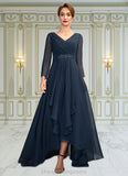 Allison A-Line V-neck Asymmetrical Chiffon Mother of the Bride Dress With Ruffle Beading Bow(s) STI126P0015021