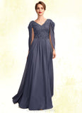 Eleanor A-Line V-neck Floor-Length Chiffon Lace Mother of the Bride Dress With Beading Sequins STI126P0015022