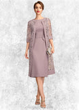 Penelope Sheath/Column Scoop Neck Knee-Length Chiffon Mother of the Bride Dress With Ruffle Sequins STI126P0015023