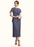 Adriana Sheath/Column Scoop Neck Tea-Length Chiffon Lace Mother of the Bride Dress With Beading Cascading Ruffles STI126P0015025