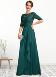 Cloe A-Line Scoop Neck Floor-Length Chiffon Lace Mother of the Bride Dress With Beading Sequins Cascading Ruffles STI126P0015027