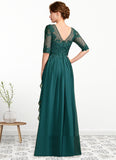 Cloe A-Line Scoop Neck Floor-Length Chiffon Lace Mother of the Bride Dress With Beading Sequins Cascading Ruffles STI126P0015027