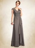 Kennedy A-Line V-neck Floor-Length Chiffon Lace Mother of the Bride Dress With Beading Sequins Cascading Ruffles STI126P0015030