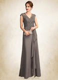 Kennedy A-Line V-neck Floor-Length Chiffon Lace Mother of the Bride Dress With Beading Sequins Cascading Ruffles STI126P0015030