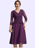 Yesenia A-Line V-neck Knee-Length Chiffon Lace Mother of the Bride Dress With Beading Sequins STI126P0015035