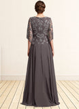 Raven A-Line Scoop Neck Floor-Length Chiffon Lace Mother of the Bride Dress With Beading Sequins STI126P0015036