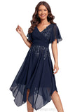 Britney A-line V-Neck Asymmetrical Chiffon Lace Cocktail Dress With Sequins STIP0020838