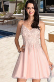 Avery A-line V-Neck Short/Mini Tulle Homecoming Dress With Beading STIP0020538