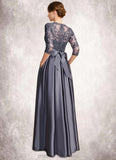 Rhoda A-line Scoop Illusion Floor-Length Lace Satin Mother of the Bride Dress With Bow Sequins STIP0021633