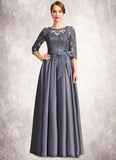 Rhoda A-line Scoop Illusion Floor-Length Lace Satin Mother of the Bride Dress With Bow Sequins STIP0021633