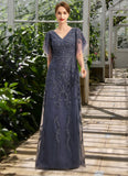 Bianca A-line V-Neck Floor-Length Lace Tulle Mother of the Bride Dress With Sequins STIP0021635