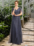 Bianca A-line V-Neck Floor-Length Lace Tulle Mother of the Bride Dress With Sequins STIP0021635