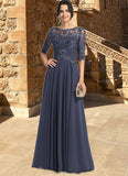 Destiny A-line Scoop Illusion Floor-Length Chiffon Lace Mother of the Bride Dress With Pleated Sequins STIP0021639