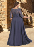 Destiny A-line Scoop Illusion Floor-Length Chiffon Lace Mother of the Bride Dress With Pleated Sequins STIP0021639