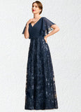 Claire A-line V-Neck Floor-Length Chiffon Lace Sequin Mother of the Bride Dress With Pleated STIP0021648