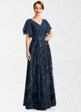 Claire A-line V-Neck Floor-Length Chiffon Lace Sequin Mother of the Bride Dress With Pleated STIP0021648
