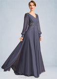 Kaila A-line V-Neck Floor-Length Chiffon Mother of the Bride Dress With Pleated Appliques Lace Sequins STIP0021652