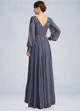 Kaila A-line V-Neck Floor-Length Chiffon Mother of the Bride Dress With Pleated Appliques Lace Sequins STIP0021652