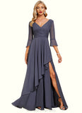 Sherlyn A-line V-Neck Floor-Length Chiffon Mother of the Bride Dress With Cascading Ruffles STIP0021653