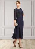 Janey A-line Boat Neck Illusion Tea-Length Chiffon Lace Mother of the Bride Dress With Sequins STIP0021658