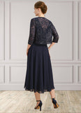 Janey A-line Boat Neck Illusion Tea-Length Chiffon Lace Mother of the Bride Dress With Sequins STIP0021658