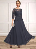 Ingrid A-line Scoop Illusion Ankle-Length Chiffon Lace Mother of the Bride Dress With Beading Rhinestone STIP0021659
