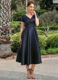 Jean A-line V-Neck Tea-Length Satin Mother of the Bride Dress With Cascading Ruffles STIP0021661