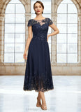 Savannah A-line Scoop Illusion Tea-Length Chiffon Lace Mother of the Bride Dress With Sequins STIP0021664