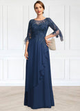 Lydia A-line Scoop Illusion Floor-Length Chiffon Lace Mother of the Bride Dress With Cascading Ruffles Sequins STIP0021671