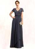 Nan A-line V-Neck Floor-Length Chiffon Lace Mother of the Bride Dress With Beading Cascading Ruffles Sequins STIP0021675