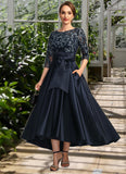 Moira A-line Scoop Illusion Asymmetrical Lace Satin Mother of the Bride Dress With Bow STIP0021678