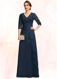 Brielle A-line V-Neck Floor-Length Chiffon Lace Mother of the Bride Dress With Cascading Ruffles Sequins STIP0021691