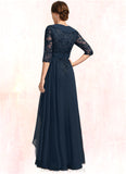 Brielle A-line V-Neck Floor-Length Chiffon Lace Mother of the Bride Dress With Cascading Ruffles Sequins STIP0021691