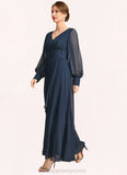 Kendal A-line V-Neck Ankle-Length Chiffon Mother of the Bride Dress With Beading Cascading Ruffles Sequins STIP0021698