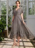 Emmy A-line V-Neck Asymmetrical Chiffon Lace Mother of the Bride Dress With Pleated STIP0021699