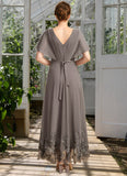 Emmy A-line V-Neck Asymmetrical Chiffon Lace Mother of the Bride Dress With Pleated STIP0021699