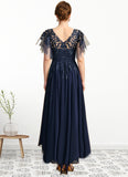 Lyric A-line Scoop Illusion Asymmetrical Chiffon Lace Mother of the Bride Dress With Sequins STIP0021712