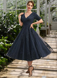 Nylah A-line V-Neck Tea-Length Lace Tulle Mother of the Bride Dress With Pleated STIP0021716