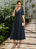 Nylah A-line V-Neck Tea-Length Lace Tulle Mother of the Bride Dress With Pleated STIP0021716