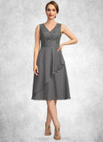 Jade A-line V-Neck Knee-Length Chiffon Lace Mother of the Bride Dress With Cascading Ruffles Sequins STIP0021732