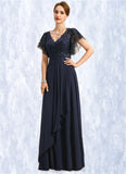 Faith A-line V-Neck Floor-Length Chiffon Lace Mother of the Bride Dress With Cascading Ruffles Sequins STIP0021738