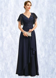 Faith A-line V-Neck Floor-Length Chiffon Lace Mother of the Bride Dress With Cascading Ruffles Sequins STIP0021738