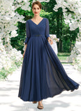 Lina A-line V-Neck Ankle-Length Chiffon Mother of the Bride Dress With Beading Pleated Sequins STIP0021745
