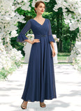 Lina A-line V-Neck Ankle-Length Chiffon Mother of the Bride Dress With Beading Pleated Sequins STIP0021745