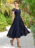 Chana A-line Asymmetrical Tea-Length Chiffon Lace Mother of the Bride Dress With Sequins STIP0021750