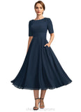 Destiny A-line Scoop Tea-Length Chiffon Mother of the Bride Dress With Appliques Lace Sequins STIP0021760