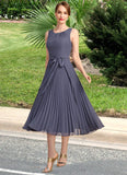 Ruby A-line Scoop Tea-Length Chiffon Mother of the Bride Dress With Bow Pleated STIP0021763